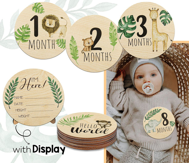 Wooden Baby Month Card Digital Animal Photo Props Age Milestone Card